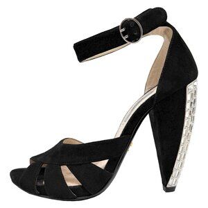 Prada Black Suede Jeweled Heel Sandals Size‎ 38 Crystal Block Party Heels